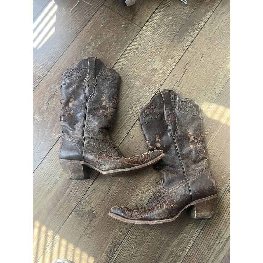 Corral Vintage Brown Distressed Leather Lizard Inlay Women Size 8.5 M C2109